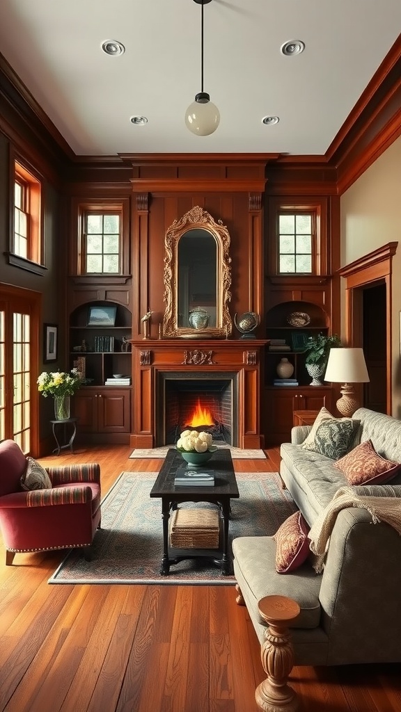 Cozy traditional living room with a fireplace, wooden decor, and comfortable furniture.