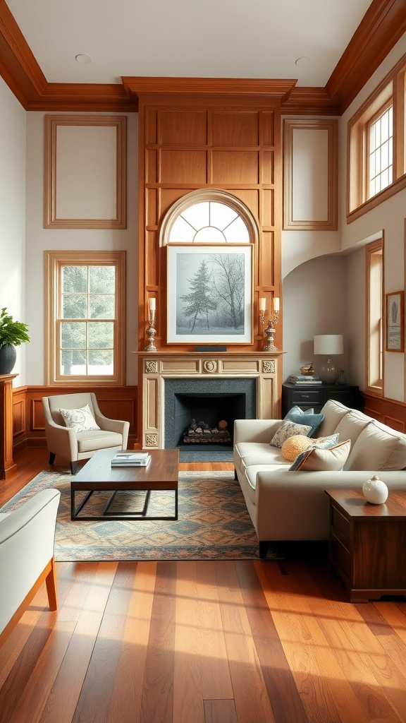 Living room featuring classic raised panel wainscoting, warm wood tones, and stylish furnishings.