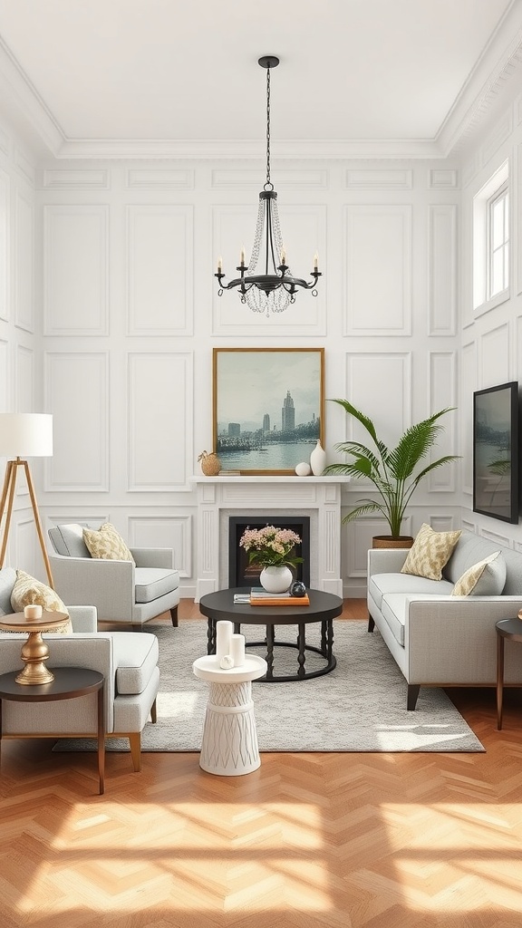 A stylish living room featuring classic raised panel wainscoting with elegant furniture and decor.