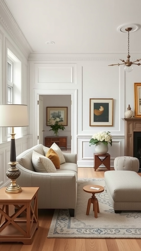 Living room with classic Shaker style wainscoting, light colors, and modern furniture.