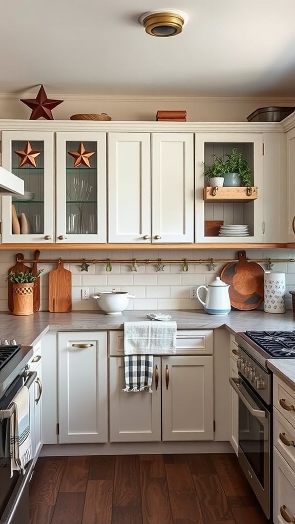 A cozy kitchen featuring classic tin star accents and warm decor.