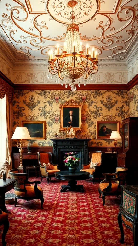 A classic Victorian living room with ornate chandelier, floral wallpaper, and elegant furniture.