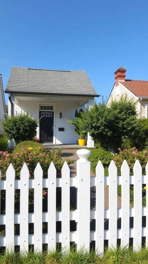 A classic white picket fence surrounding a charming home with a well-kept garden and brightly colored plants.