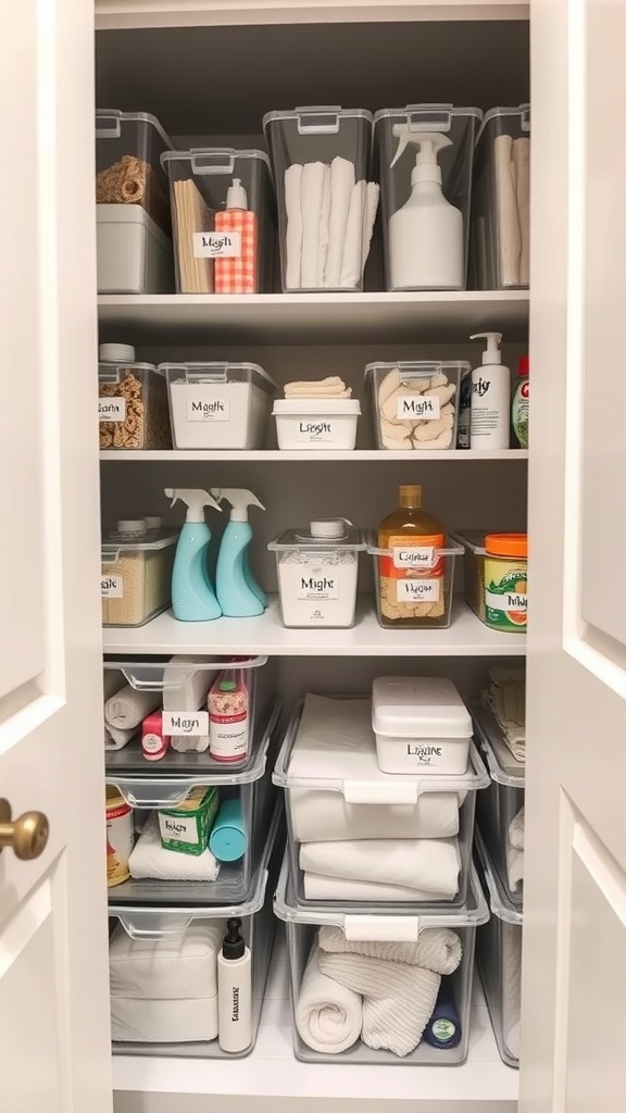 Organized linen closet with clear storage bins containing towels and cleaning supplies.