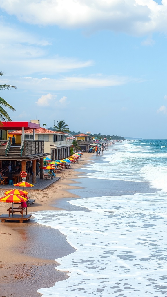 A scenic beach view with colorful umbrellas and gentle waves in Mexico.