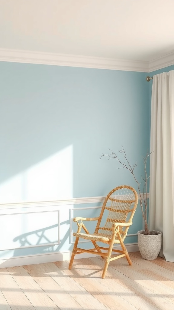 A room with soft blue walls, a white chair rail, a rattan chair, and a potted plant.