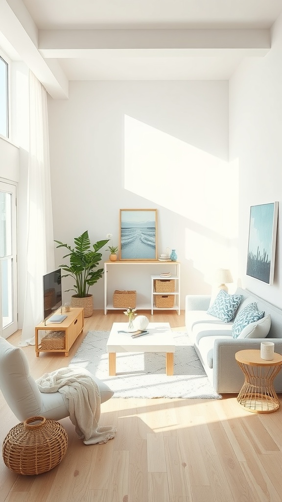 A light and airy coastal apartment living room with natural furnishings.