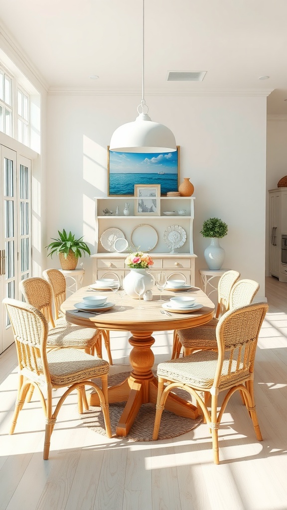 A bright and airy dining area with a round table and coastal decor.