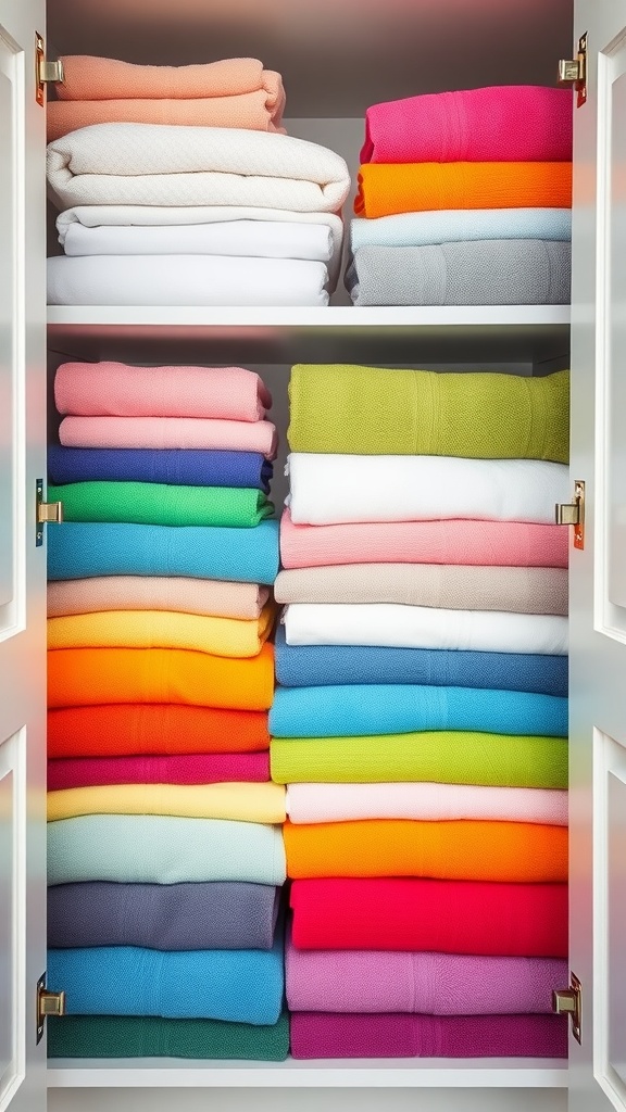 Neatly organized towels in a built-in linen closet, arranged by color.