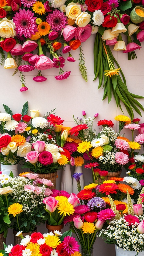 A colorful DIY bouquet station filled with various flowers in bright arrangements.