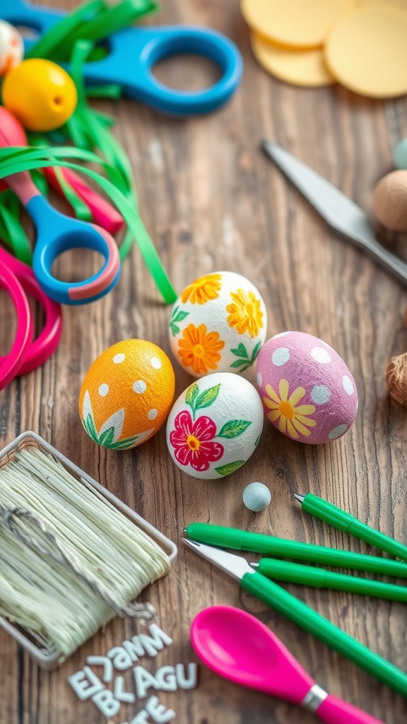7 Creative Easter DIY Ideas To Try This Weekend 8 Colorful decorated Easter eggs with crafting tools and supplies on a wooden table