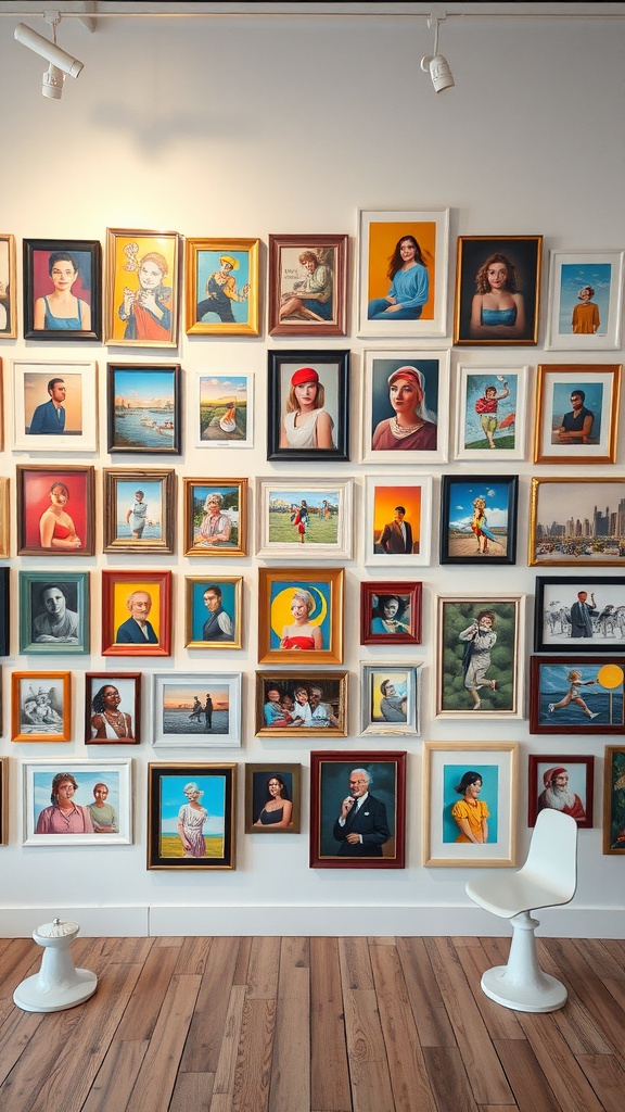 A vibrant gallery wall filled with various framed portraits in different styles and colors.