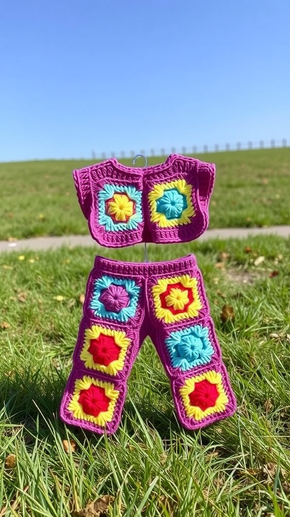 A colorful crochet two-piece outfit featuring a top and pants made of granny squares in pink, blue, yellow, and red.