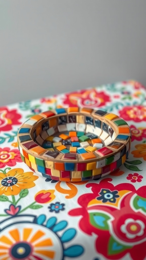 A vibrant mosaic ashtray made of colorful tiles on a floral patterned tablecloth.