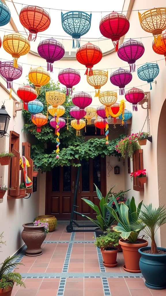 Colorful papel picado banners hanging in a courtyard.