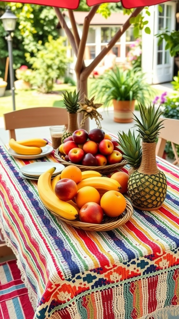 A colorful striped crochet tablecloth set on a dining table with fruits and a cozy outdoor setting.