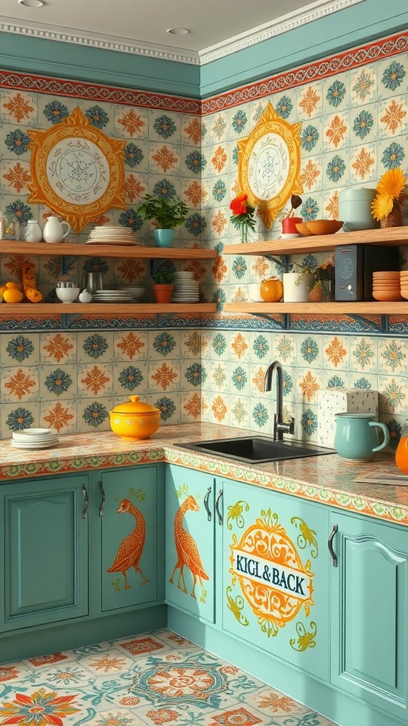 A colorful kitchen featuring vibrant tile patterns on the walls and countertops, with decorative shelves and plants.