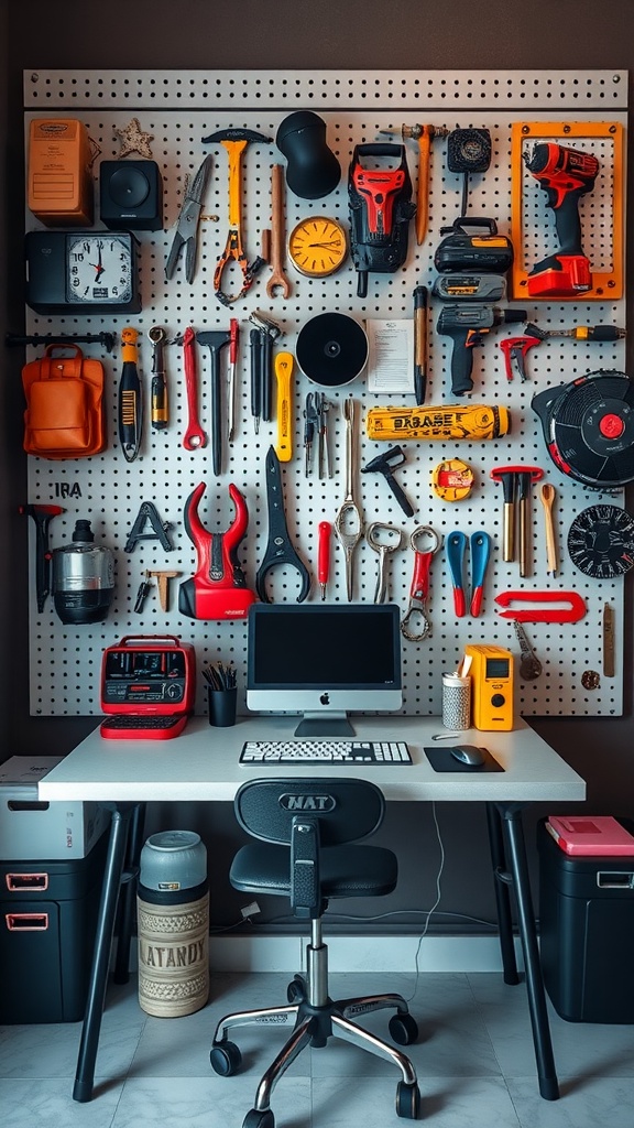 Compact desk with a pegboard wall filled with tools and organizational items.