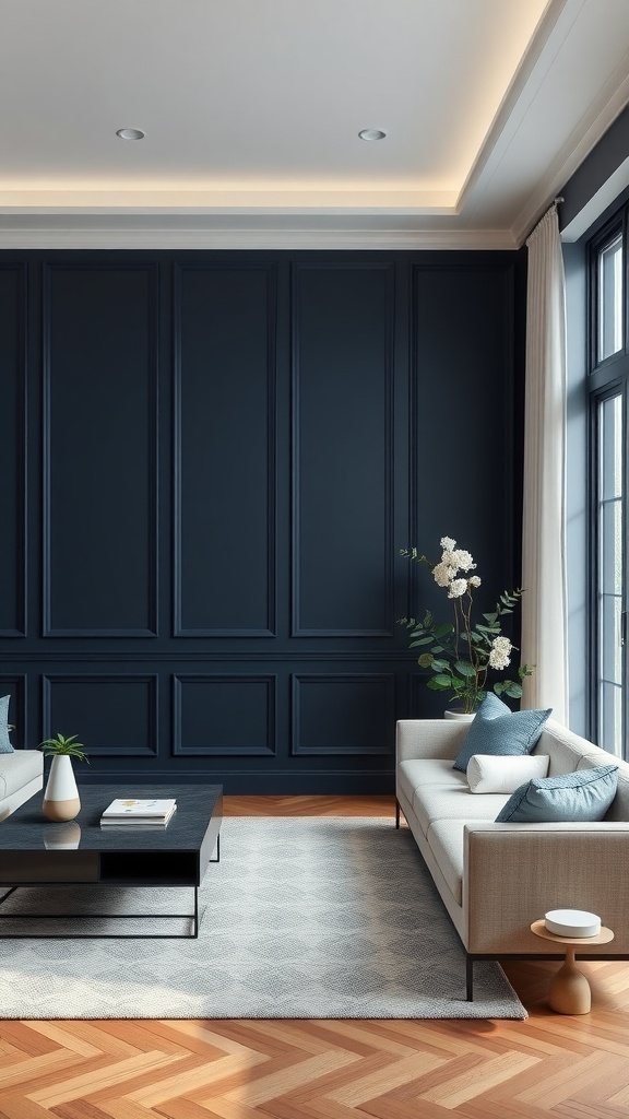 Stylish living room with contemporary vertical panel wainscoting in dark blue and modern furniture.