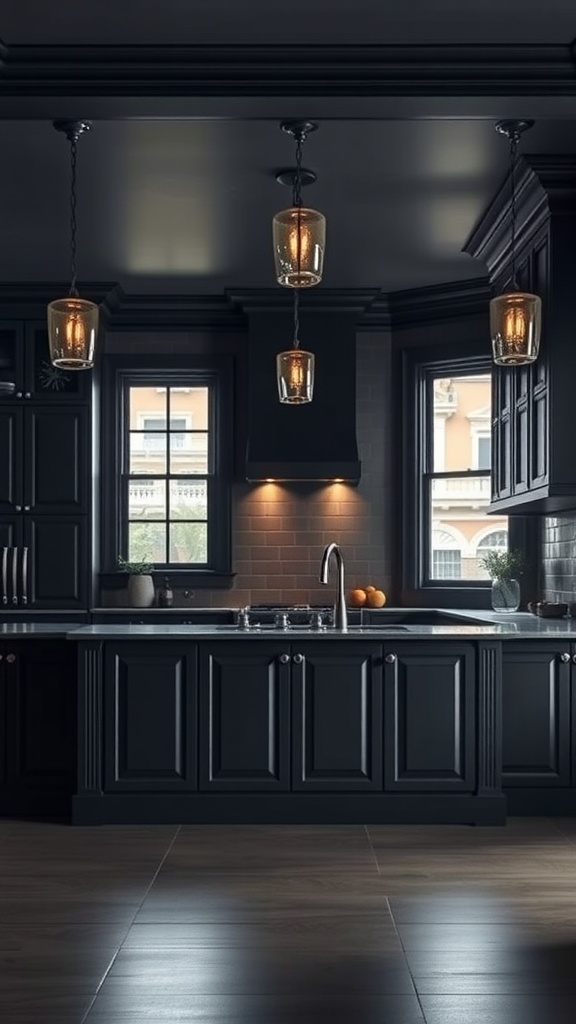 A dark kitchen with black cabinets, pendant lights, and large windows