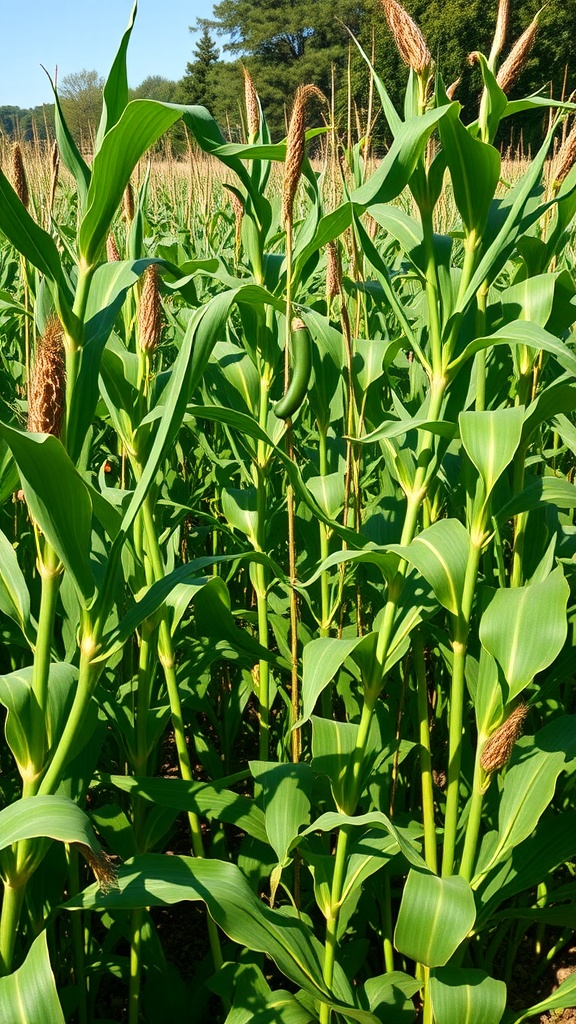 A field of tall corn plants with green bean plants interspersed among them