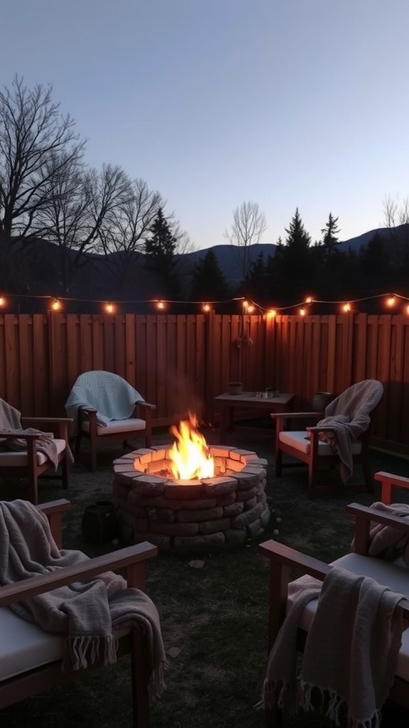 A cozy fire pit setup with chairs and blankets, surrounded by trees at dusk.