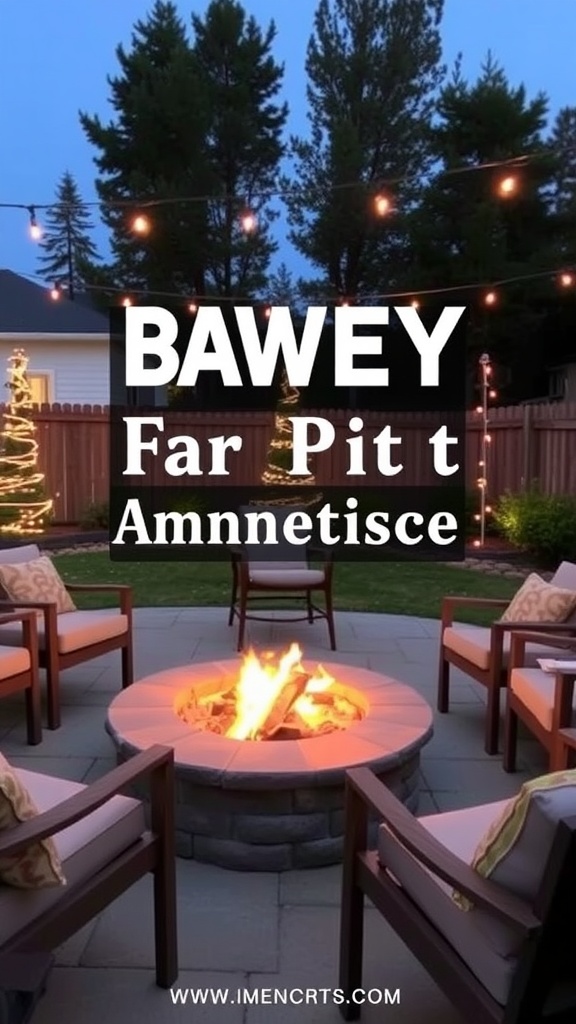 Cozy outdoor fire pit setup with chairs and string lights.