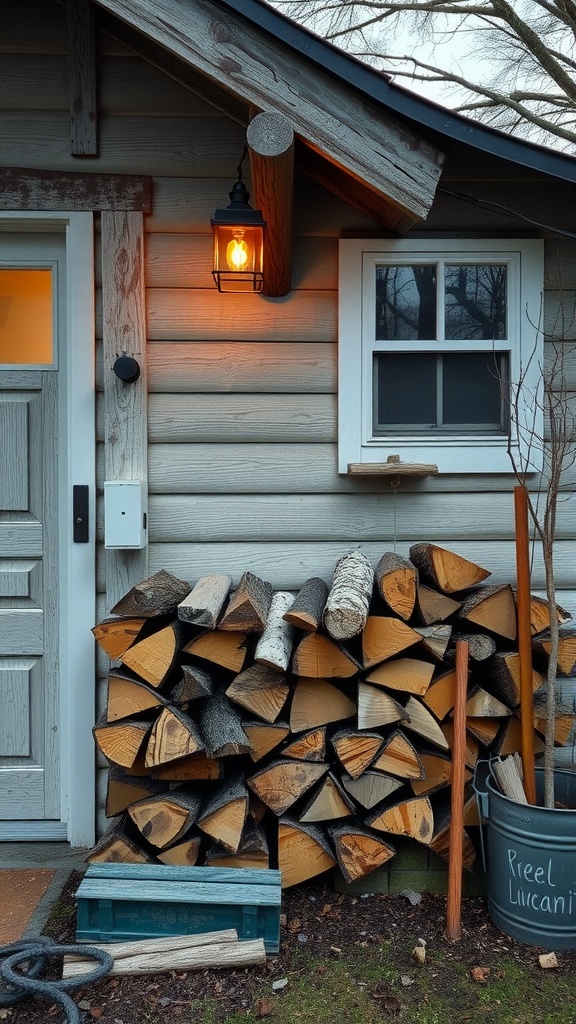 17 Cozy Cottage Exterior Ideas For Inviting Curb Appeal 28 A cozy cottage exterior with a neatly stacked firewood pile beside the door, illuminated by a warm lantern.