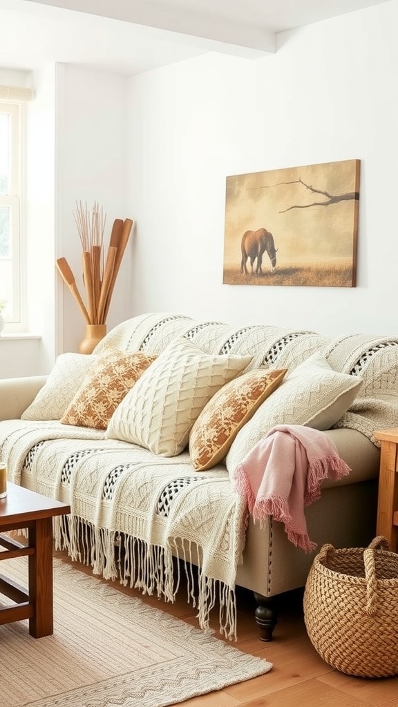 A cozy living room featuring knitted textiles and throws on a sofa.