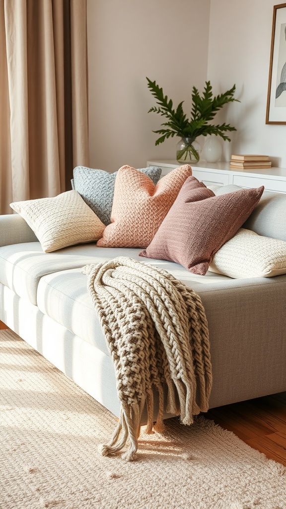 A cozy living room setting featuring a light grey couch with textured pillows and a knitted throw blanket, complemented by a soft rug and greenery.