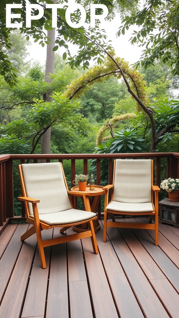 Cozy lounge chairs on a deck surrounded by greenery