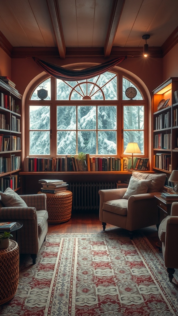 Cozy reading nook with armchairs and bookshelves by a large window.