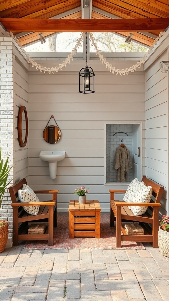 A cozy outdoor changing area featuring wooden chairs and a small table, with a sink and mirror on the wall.