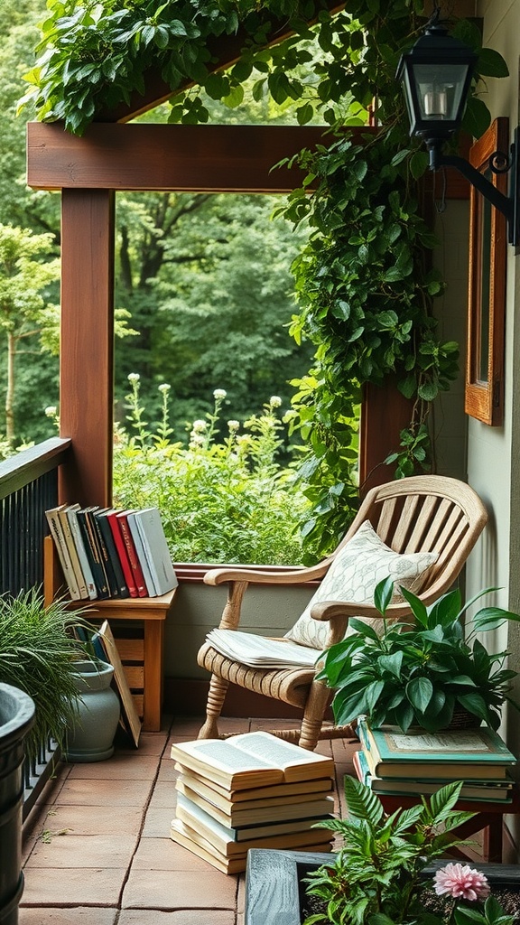 A cozy outdoor reading nook with a wooden chair, books, and plants