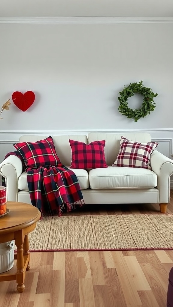 A cozy couch with plaid throws and cushions, perfect for farmhouse Valentine decor.