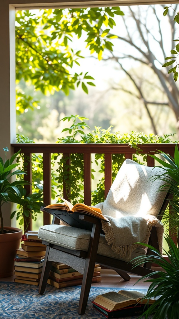 A cozy reading corner with a comfortable chair, blanket, and books, surrounded by plants and bright sunlight.