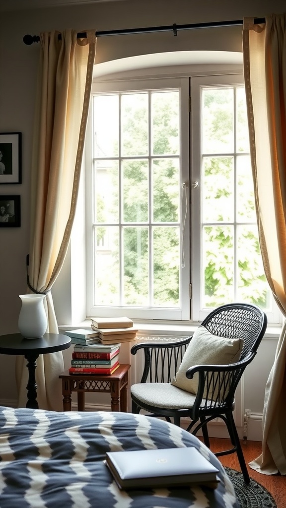 Cozy reading nook with a chair by the window, books stacked next to a side table, and warm curtains