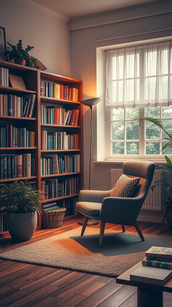 A cozy reading nook with a comfortable chair, bookshelf, and warm lighting.