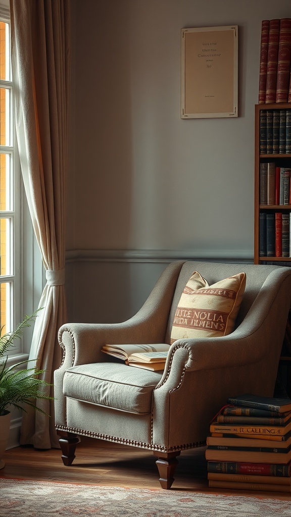 Cozy reading nook with a comfortable chair, bookshelves, and warm lighting.