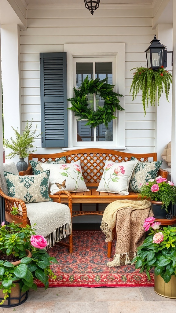 A cozy spring porch with comfortable seating, floral pillows, and greenery.