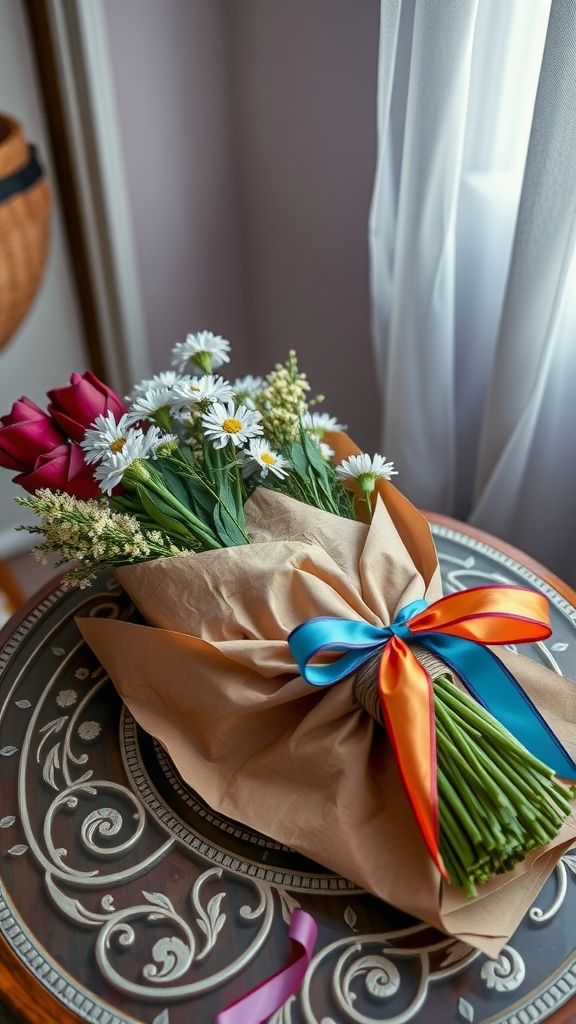 A bouquet wrapped in craft paper and colorful ribbons, sitting on a decorative table.