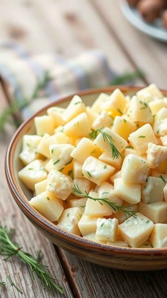7 Delicious Easter Recipes You’Ll Want To Make 4 Bowl of creamy potato salad with dill on a wooden table.
