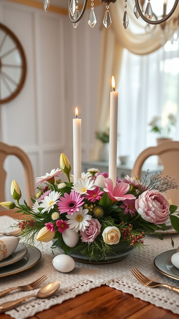 A festive Easter table centerpiece featuring flowers, decorative eggs, and candles.