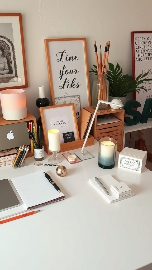 Cozy boho office desk with framed artwork, candles, plants, and organized stationery.