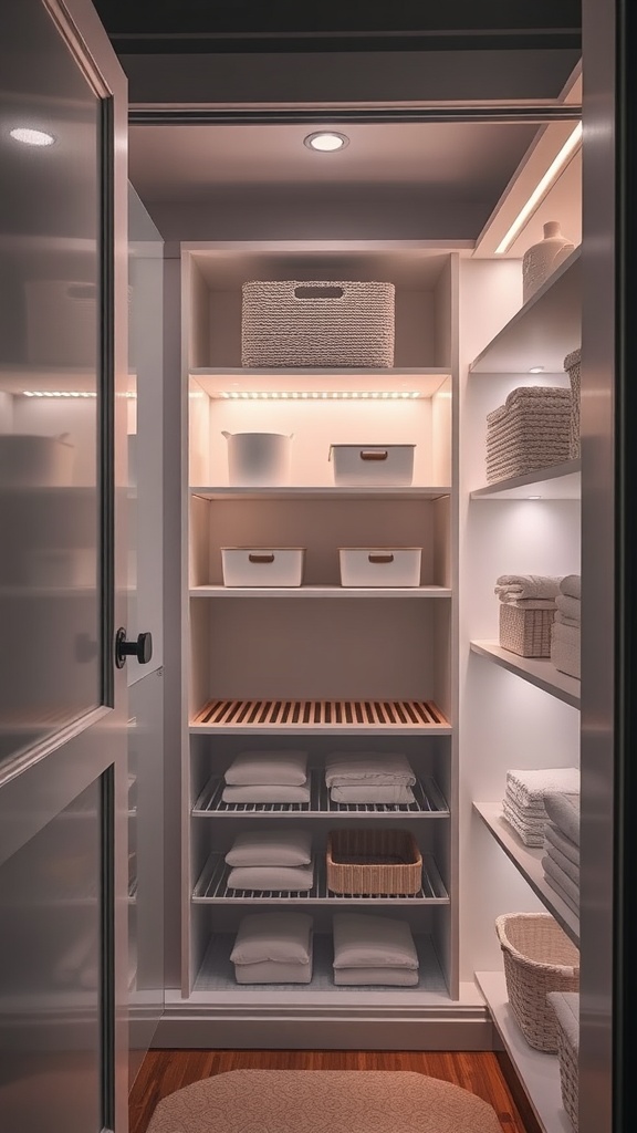 A well-organized built-in linen closet with soft lighting, showing neatly stacked towels and storage baskets.