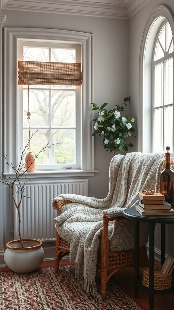 Cozy nook with a comfortable chair, soft blanket, potted plant, and books by the window