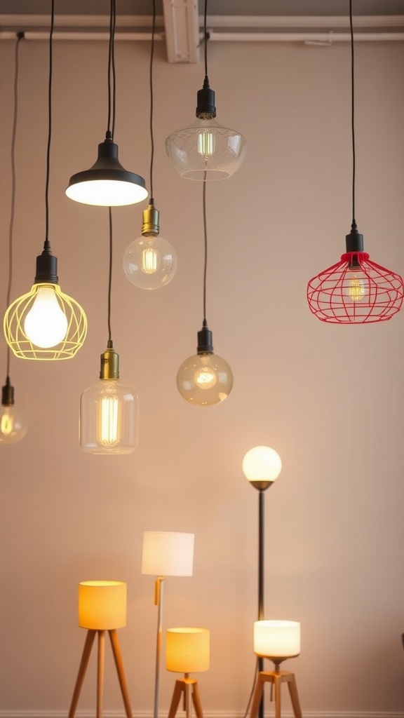 A variety of hanging pendant lights and floor lamps in a stylish interior setting.