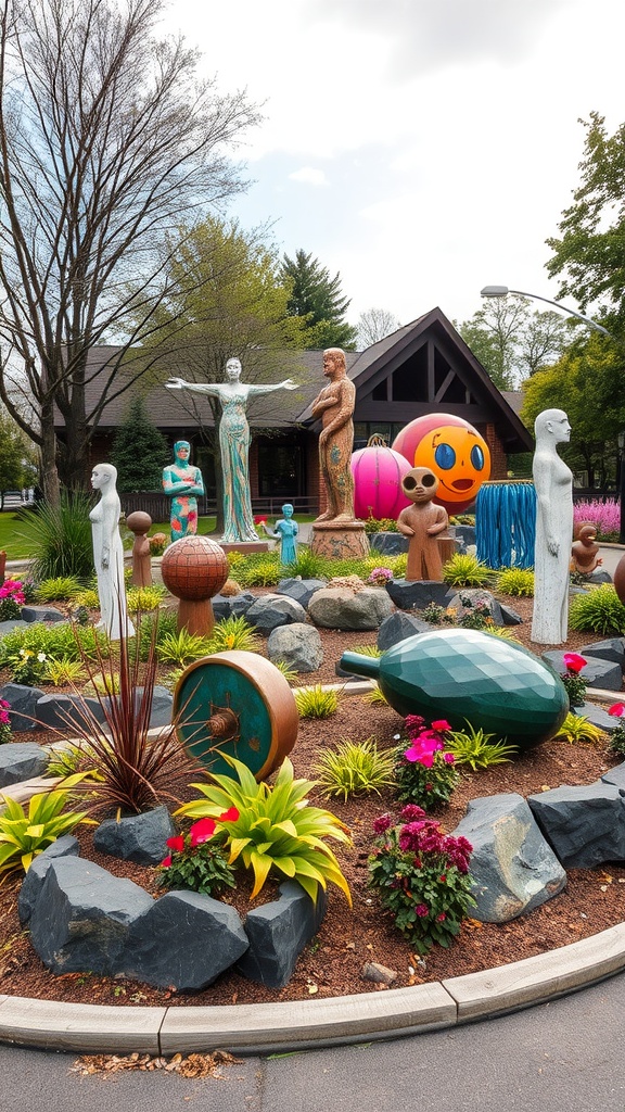 Colorful outdoor art display featuring various sculptures and decorations in a garden setting.