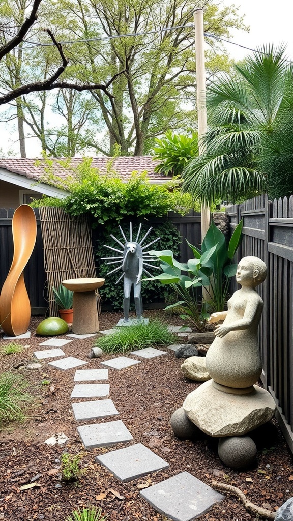 A backyard featuring various unique art sculptures and decorative elements.