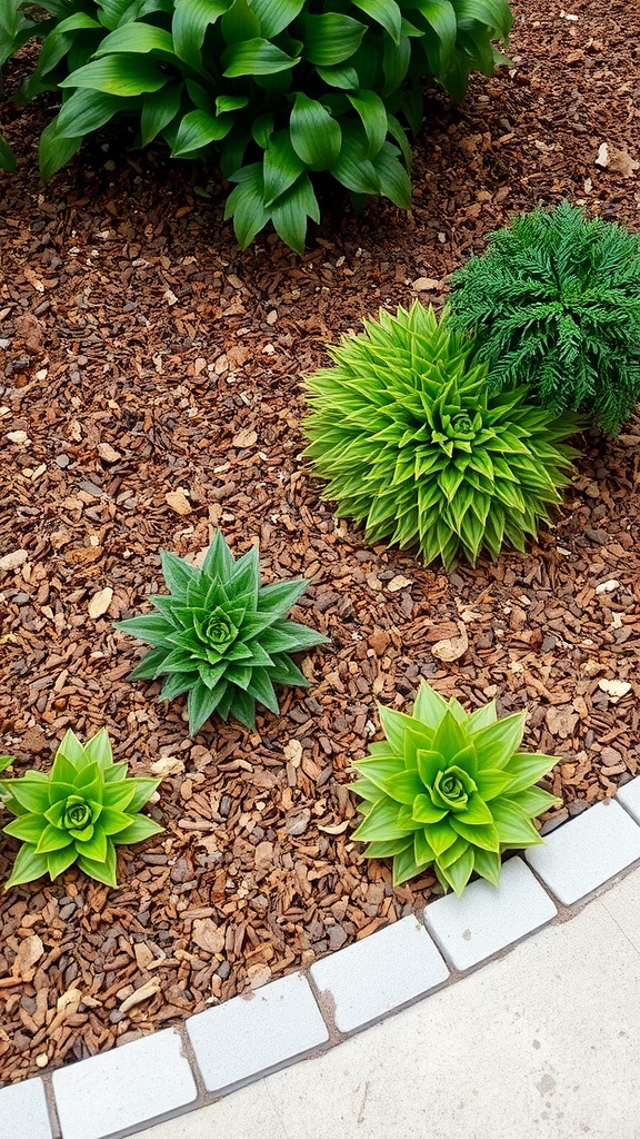 A landscaped area featuring green plants and brown mulch.